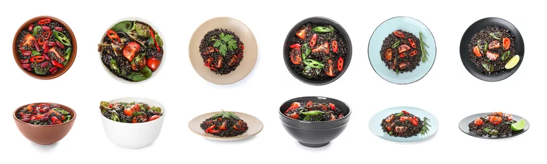 Photo sur Plexiglas Légumes frais Lentilles et légumes noirs cuits savoureux sur le fond blanc