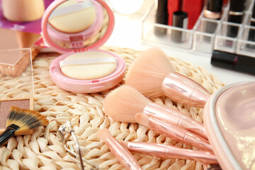 Set of makeup brushes on table, closeup