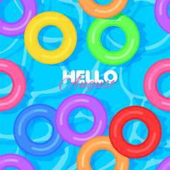 Obraz premium Different colors lifebuoys on water ripple surface pattern. Summer banner concept. Pool party. Blue background. Vector illustration.