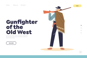 Fototapeta premium Gunfighter of old west landing page with cowboy man holding gun. Wild west male cartoon character