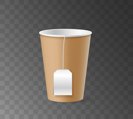 Disposable paper cup with white blank teabag tag isolated on transparent background