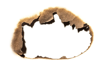 Fire burned hole white paper background texture. Paper burn mark stain