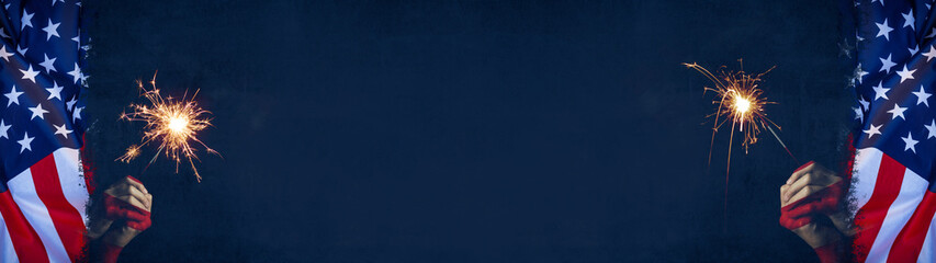 USA background banner panorama template greeting card -  Waving American flag - 4th of July, Memorial Day, Veteran's Day and painted children hands with sparkling sparklers