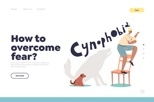Overcome fear concept of landing page with woman suffering from cynophobia, scared of dogs