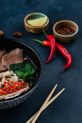 Pho bo, Vietnamese food, rice noodle soup with sliced beef