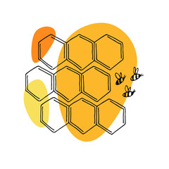 Fototapeta premium Vector bees with honeycomb. Linear hand drawn illustration with bright orange spots is perfect for honey design, beekeeper brand identity, logo, icon, card, label, poster