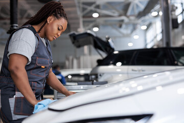 Fototapeta na wymiar Confident african woman holds blue microfiber in hand and polishes the car. Cleaning washing auto. Side view portrait of young black auto mechanic woman in uniform at work in car service