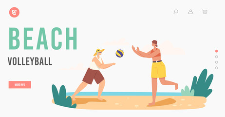 Grandmother and Granddaughter Playing Beach Volleyball Landing Page Template. Happy Family Summer Vacation Leisure
