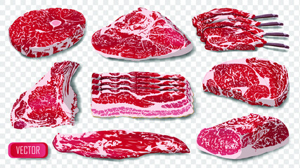 Set of realistic raw meat isolated. Cow pork steak grill food beef vector illustration