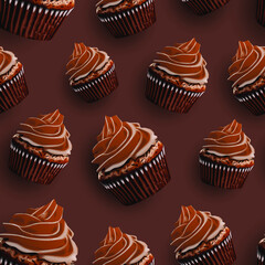 Chocolate cupcake pattern. Realistic vector illustration of muffins with cream