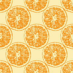 Seamless background with sliced oranges. Bright vector background