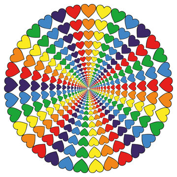 Pride hearts arranged as round circles repeated. Rainbow colored, vector love symbol artwork without background.