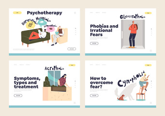 Human phobias and fears treatment concept of landing pages set with people suffering from disorder - obrazy, fototapety, plakaty