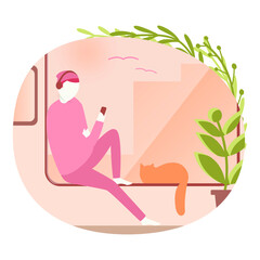 Lazy teenage student sitting with a smartphone on the windowsill, tied by the wires of a technological gadget. Flat style vector illustration isolated on white background