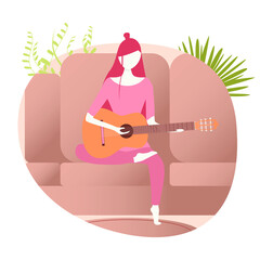 Woman playing guitar vector, isolated character sitting on sofa at home. Flat style female guitarist holding musical instrument