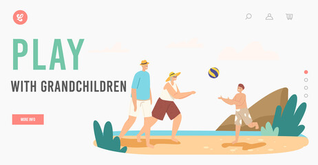 Happy Characters Summer Recreation at Ocean Shore Landing Page Template. Family Vacation. Grandparents and Grandson
