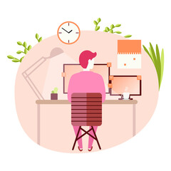 Business Man Sitting Desk Office Working Place Laptop Back Rear View Vector Illustration