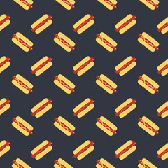Hot Dog vector seamless pattern background. Fried sausage in bun, sesame seeds, mustard, ketchup cartoon design element. Fast street food snack wallpaper illustration. Hot Dog Day template background