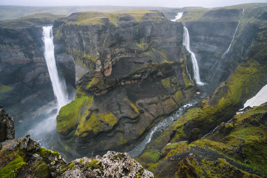 Haifoss, Iceland second highest waterfall and Granni waterfall in background fallen into deep canyon. Travel to Iceland. Beauty of nature concept background.