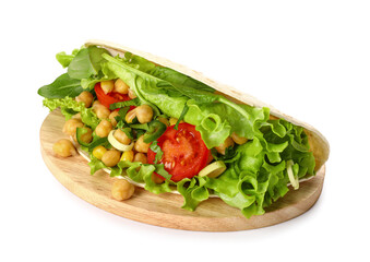 Board with tasty vegetarian taco on white background