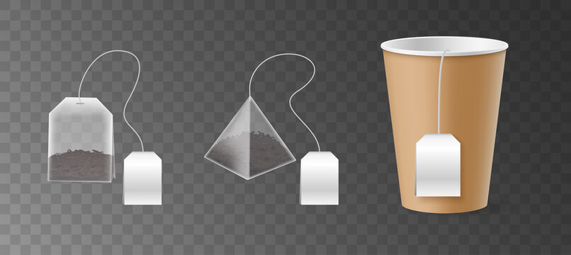 Rectangle and pyramid tea bag and disposable paper cup mock up with black tea inside