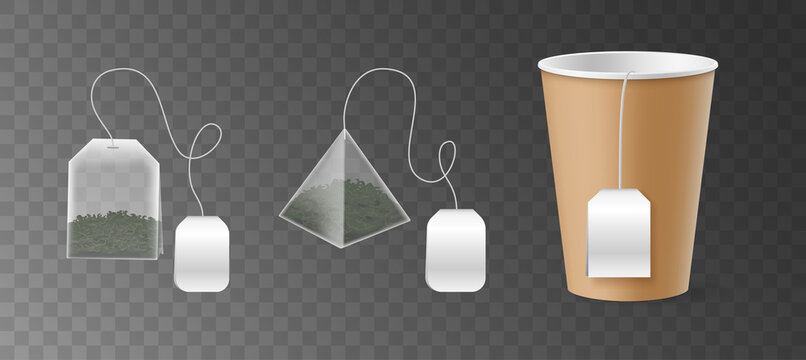 Silky pyramid and rectangular teabags with green tea and brown cardboard cup and white blank bag tag