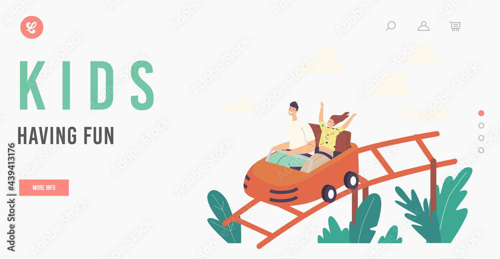 Wall mural kids having fun landing page template. characters riding roller coaster in amusement park, fun fair 