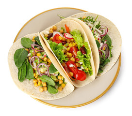 Plate with tasty vegetarian tacos on white background