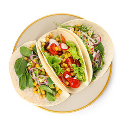 Plate with tasty vegetarian tacos on white background