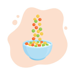 Bowl milk cereal vector breakfast. Cartoon oats. Sweet flavors. Falling colorful cornflakes isolated on white background. Healthy food for kids illustration