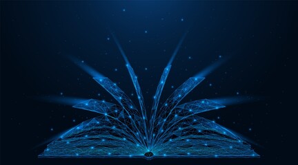 An open book. Polygonal construction of lines and points. Blue background.