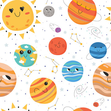 Seamless pattern with solar system planets. Cute hand drawn vector illustration.