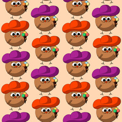 Seamless vector pattern with cute cartoon owl in hat wite ice cream