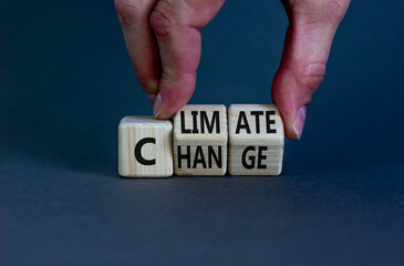 Climate change symbol. Businessman turns cubes with words 'Climate change'. Beautiful grey background. Climate change and ecological concept. Copy space.