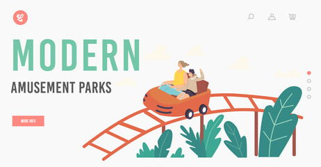 Modern Amusement Park Landing Page Template. Mother and Son Characters Riding Roller Coaster, Family Extreme Recreation