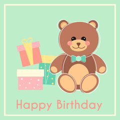 fun happy birthday card with bear. vector illustration