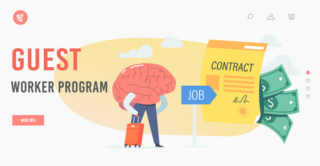Guest Worker Program Landing Page Template. Humanized Brain with Suitcase Stand at Huge Contract and Money, Employment