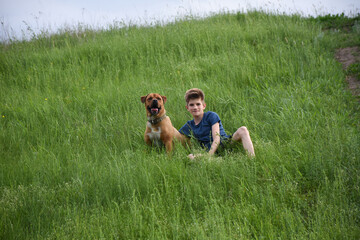 guy training a big dog in nature
