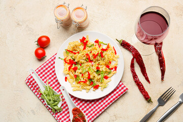 Composition with tasty pasta, glass of wine and ingredients on light background