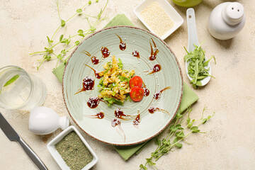 Composition with tasty pasta and ingredients on light background