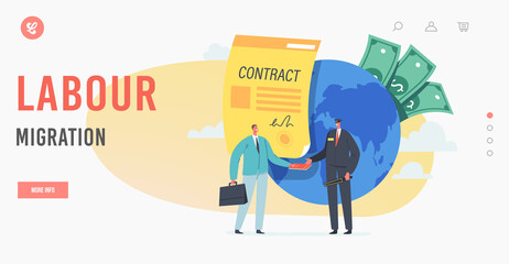 Labour Migration Landing Page Template. Businessman Character in Airport Leaving Motherland for Employment Abroad