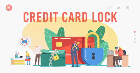 Bank Ban Landing Page Template. Tiny Characters at Huge Blocked Credit Card and Lock on Money Pile. Payment Block