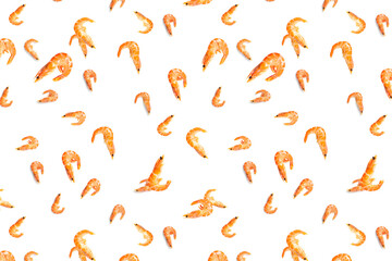 Tiger shrimp. Seafood background made from Prawns isolated on a white backdrop. modern flat lay background from boiled shrimps, Seafood. not seamless pattern