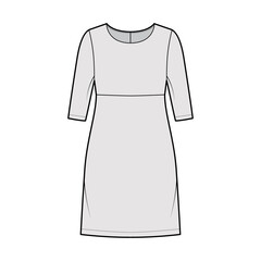 Dress empire line technical fashion illustration with elbow sleeves, oversized body, knee length A-line skirt. Flat apparel front, grey color style. Women, men unisex CAD mockup