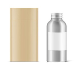 Hight realistic aluminum bottle mockup with kraft tube isolated on white background. Can be used for cosmetic, medical. Vector illustration. EPS10.	