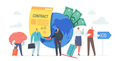 Work Migration, Drain Brain Business Concept. Tiny Businesspeople Characters Leaving Motherland for Employment Abroad