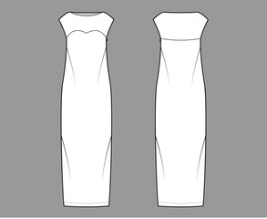 Dress column technical fashion illustration with long sleeves, sleeveless, fitted body, floor maxi length pencil skirt. Flat evening apparel front, back, white color style. Women men unisex CAD mockup