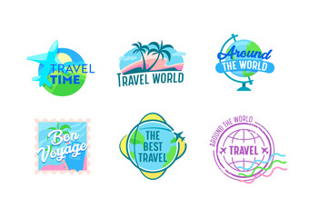 Set of Travel Emblems with Airplanes, Earth Globe, Palm Trees and Postal Stamp. Icons for Traveling Agency or Mobile App
