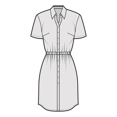 Dress shirt technical fashion illustration with gathered waist, short sleeves,, knee length pencil skirt, classic collar, button closure. Flat apparel front, grey color. Women, men unisex CAD mockup