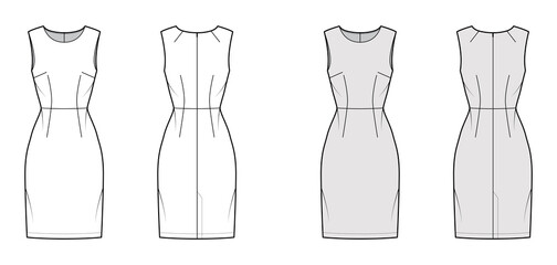 Dress sheath technical fashion illustration with sleeveless, natural waistline, fitted body, knee length pencil skirt. Flat apparel front, back, white, grey color style. Women, men unisex CAD mockup